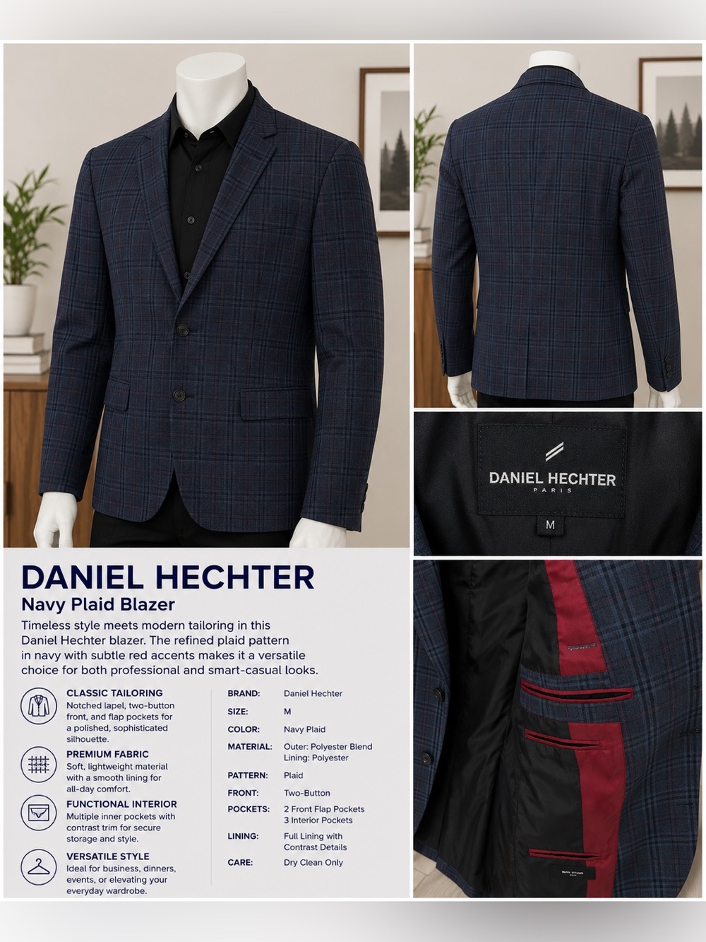Sports Coat-Daniel Hechter Navy Plaid  with Red Trim
